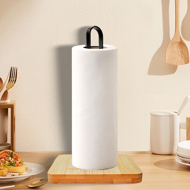 新款直销厨房纸巾架家用台面铁艺卷纸架竹木底盘金属跨境立式保鲜