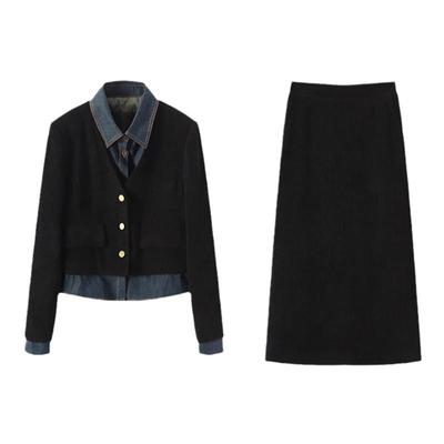 Basic House/百家好复古套装秋冬假两件牛仔拼接上衣半身裙两件套