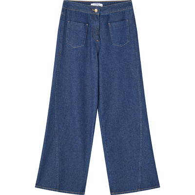 蓝色阔腿牛仔裤高腰显瘦