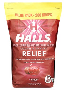 美国进口荷氏（HALLS）樱桃味润喉糖200粒清凉喉咙痛教师护嗓子