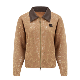 EVAOUXIU时髦老钱风亮丝肌理感松弛感解构拼接短款毛衣开衫25早秋