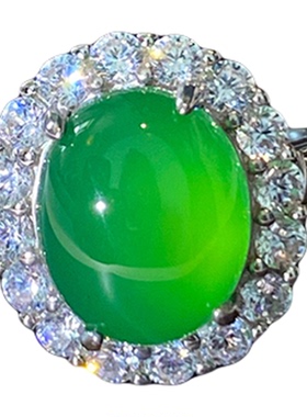 重工纯银绿玉髓椭圆满钻戒指