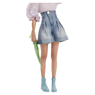 【618限时直降】N·MORE设计师品牌 春夏牛仔蓝高腰褶裥短裤