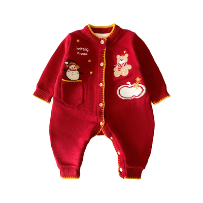 婴儿拜年服冬季男宝宝针织连体衣冬装衣服婴幼儿外出红色喜庆爬服