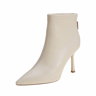 米色短靴女细跟2024新款马丁靴尖头弹力高跟靴裸靴真皮棉靴瘦瘦靴