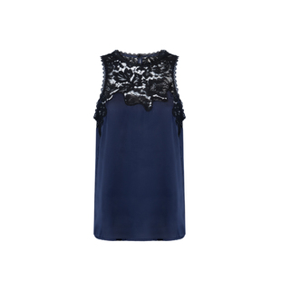 Bettychow 蕾丝蓝黑色背心小众设计时髦内搭常规款无袖圆领上衣