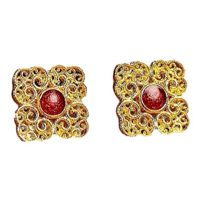 四方如意耳钉女纯银镀黄金色红宝石色耳环宫廷复古国风国潮新中式