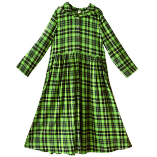 【暮秋时节】复古连帽长袖连衣裙女秋季2025新款色织棉绿格子长裙