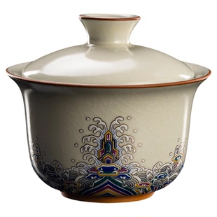 容山堂米黄汝窑三才盖碗茶杯三件套泡茶碗单个高档功夫茶具套装