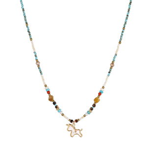 金色小马吊坠钛钢项链女彩色串珠独角兽毛衣链轻奢锁骨链秋冬配饰