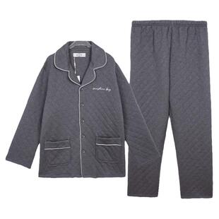 美标冬季睡衣男士款秋长袖夹层夹棉纯棉翻领开衫两件套装家居服