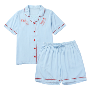 tutuanna夏季短袖睡衣女 舒适透气印花短裤前扣家居服两件套装女
