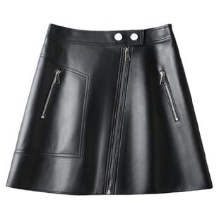 绵羊皮真皮皮裙女拉链高腰a字裙白色高街半身裙欧美短裙春秋新款