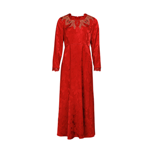 杨丽萍官方原创设计民族风刺绣绣花拼接蕾丝长袖红色立领连衣裙女