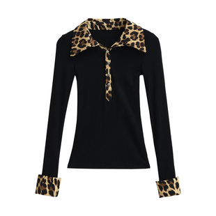 YoungGirlDay 纯欲辣妹性感修身显瘦豹纹拼接翻领打底长袖T恤上衣