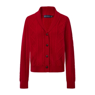 POLOWALK女士羊毛衫2026春季新款女装外套翻领开衫毛衣红色羊毛衫