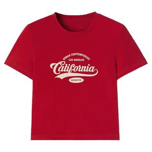 ROCO美式复古California字母印花正肩短袖t恤女夏bm风红色短上衣