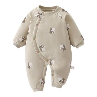 婧麒婴儿夹棉保暖长袖秋冬连体衣新生儿小月龄宝宝冬季偏开和尚服