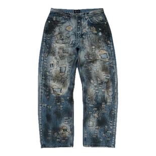 Thug Club 25ss 做旧脏染破坏重工糜烂boro直筒牛仔裤泥染补丁韩