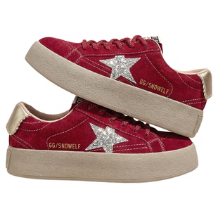 厚底板鞋红色鞋子女2026新款春季真皮女鞋百搭内增高星星鞋休闲鞋