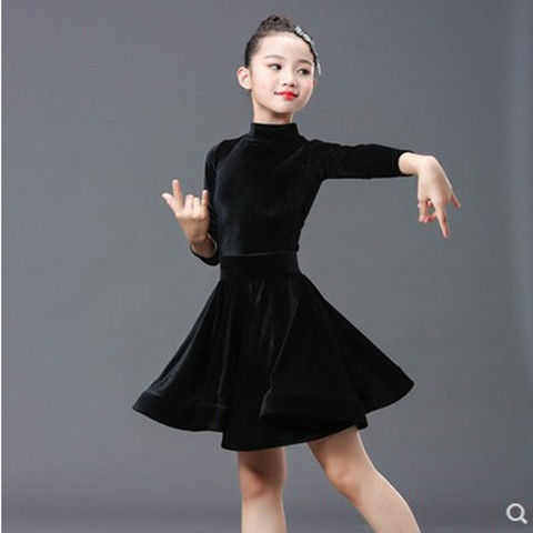 拉丁舞服装儿童练功服女童拉丁舞裙长袖丝绒舞蹈服少儿表演服秋冬