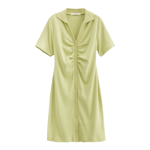 SLY 夏季薄荷曼波风螺纹抽褶基础短款连衣裙女030GSL83-4440