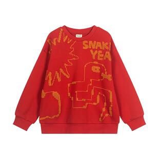 马拉丁童装卫衣秋新年男女童像素化毛巾绣红色圆领卫衣