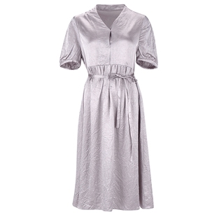 马天奴春夏新款纯色醋纤连衣裙子V领短袖系带收腰气质时尚气质女