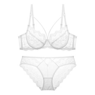 绑带性感网纱超薄款大胸显小文胸蕾丝胸罩女气质透明大码内衣套装