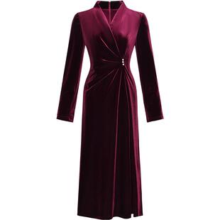 黛玛诗优雅名媛风连衣裙冬新款V领收腰精致丝绒裙女宴会礼服高端