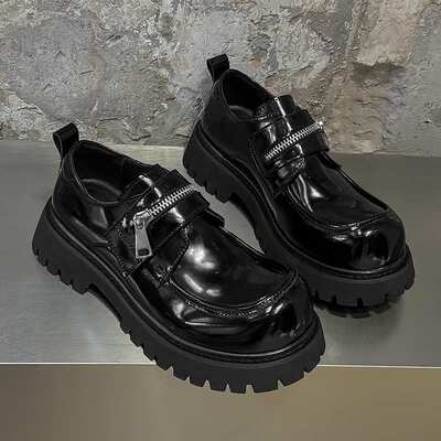 休闲皮鞋男款年轻人增高英伦风一脚蹬乐福鞋懒人小众增高德比鞋男