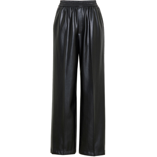 夏莫卡棕色皮裤女超软环保蛋白PU皮裤子松紧腰休闲直筒九分裤6630