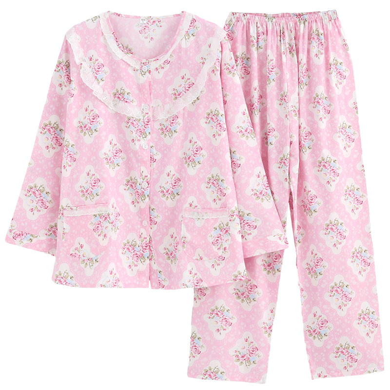 春季新款纯棉睡衣女长袖夏天薄款花朵棉布宽松大码全棉家居服套装