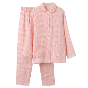 2025新款色织四层纱纯棉睡衣长袖大码娃娃领家居服全棉纱女士套装