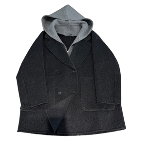 韩系双面呢羊毛大衣女中长款连帽假两件双排扣宽松高级感毛呢外套