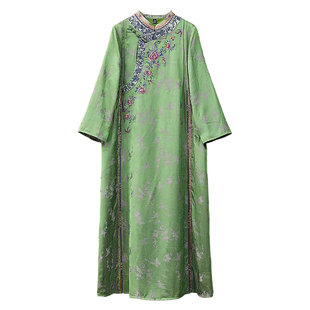 千椿物喜新中式国风重工刺绣气质立领长袖高定丝质提花旗袍连衣裙