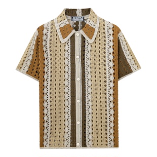 2026春夏欧美男装拼色钩花针织短袖polo衫镂空开衫衬衣Men shirts