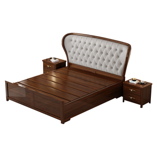高端新中式乌金木实木真皮双人2米x2米大床2.2主卧婚床简约储物床