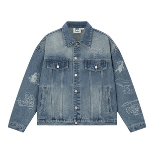 BONELESS正品蓝精灵联名情侣款复古做旧水洗破洞牛仔外套宽松夹克