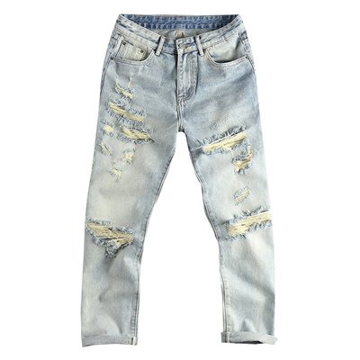 重磅做旧磨烂破洞牛仔裤