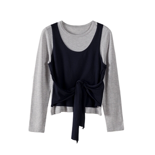 AS圆领毛衣女26春季新款假两件设计长袖叠搭不规则下摆个性上衣