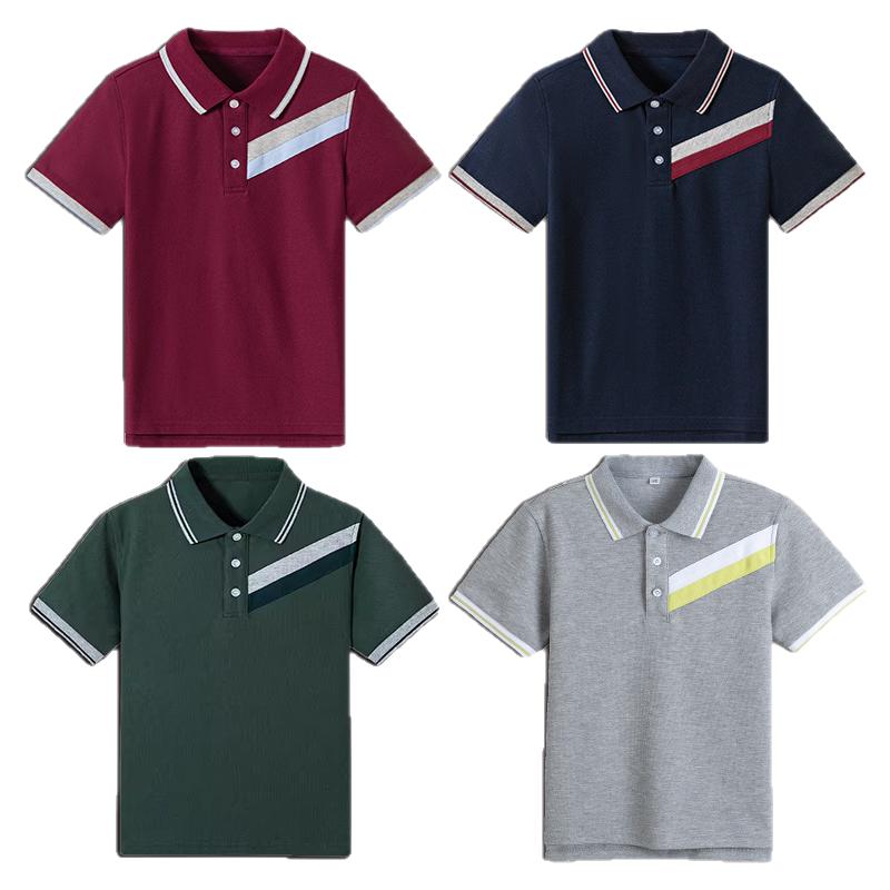 夏枣红色白条衣领短袖polo衫校服