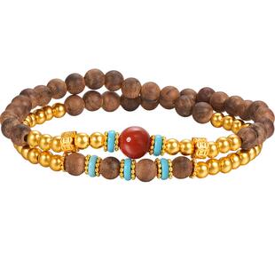 明牌珠宝古法黄金木珠手串 多宝系列足金镶嵌玛瑙金珠手链AFK0424