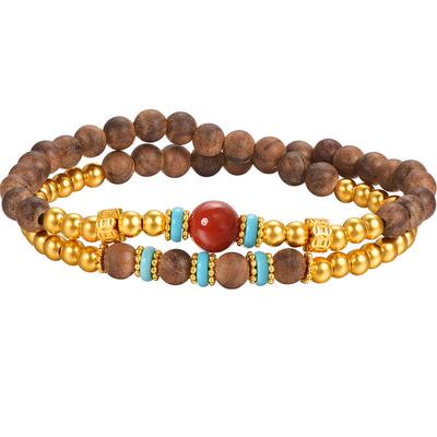 明牌珠宝古法黄金木珠手串 多宝系列足金镶嵌玛瑙金珠手链AFK0424