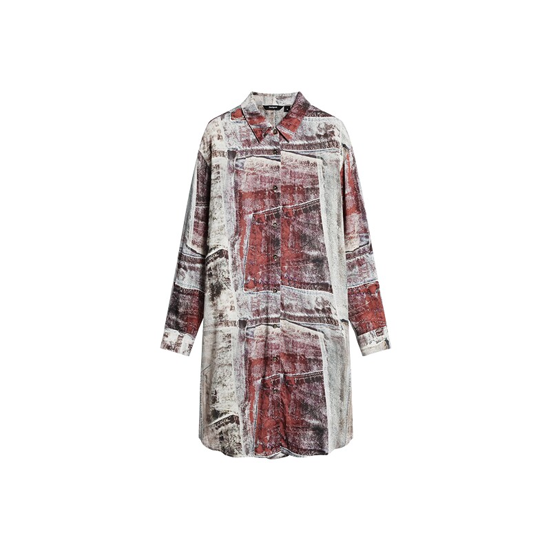 Desigual26秋冬新品复古做旧牛仔拼接印花翻领衬衫连衣裙