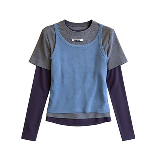 慵懒三色~蓝灰紫撞色拼接假两件上衣女2026春季新款超好看长袖T恤