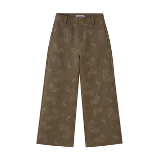 DIDDIMODA 复古亚麻棕绿色腰果花刺绣长裤直筒高腰阔腿裤秋季新款