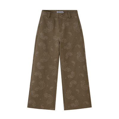 DIDDIMODA 复古亚麻棕绿色腰果花刺绣长裤直筒高腰阔腿裤秋季新款