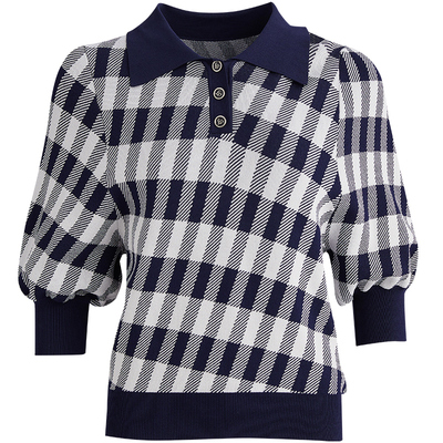 POLO领格纹七分袖套头针织衫