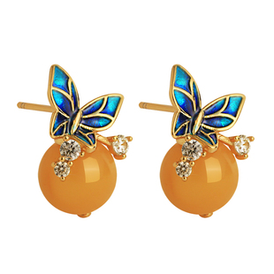 小银匠天然蜜蜡纯银景泰蓝色蝴蝶耳钉女新中式高级黄色玉耳饰耳环